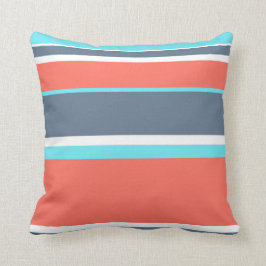 Almofada Coral vivo, listras azuis e cinzas