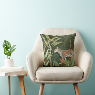Almofada Corante Vermelho Tropical Leopard na Folhagem Verd