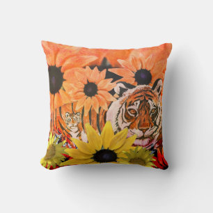 Almofada Cores de Tigre, Cubo, Flores e Laranja