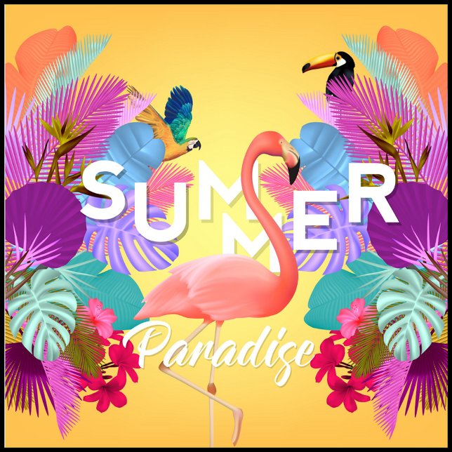 Almofada Cores de Verão (A vibrant summer-themed graphic design features a flamingo as the central element.)