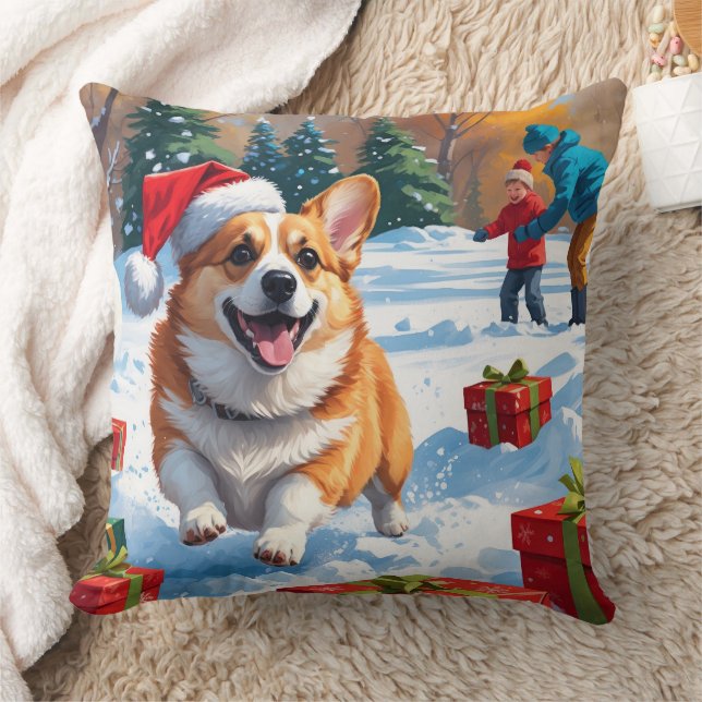 Almofada Corgi correndo em neve com chapéu de Natal (Cobertor)