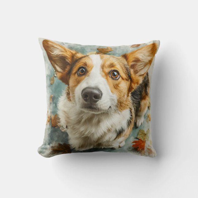 Almofada Corgi Curioso Olhar de Outono (Frente)