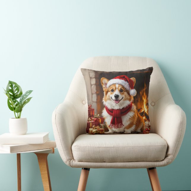 Almofada Corgi de Natal ao lado da Lareira (Cadeira)