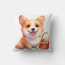Almofada Corgi joyeux avec un panier de pique-nique
