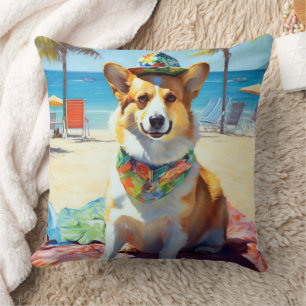 Almofada Corgi on Beach, presente de verão para amantes de