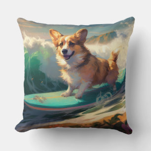 Almofada Corgi Pintura de Surf na Praia
