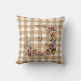 Almofada Coroa de Outono Monograma Gingham Marrom