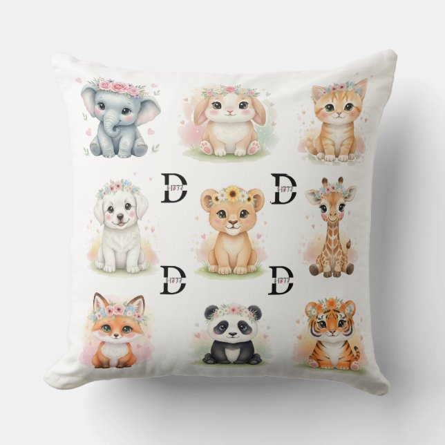 Almofada Coroa Floral Bebês Animais & Grinaldas Dupla Face  (Frente)