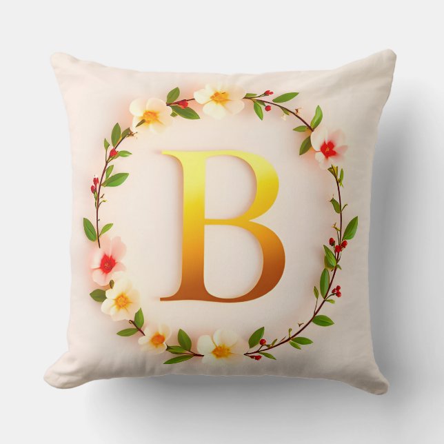 Almofada Coroa Floral com Letra B Dourada Estilo Personaliz (Frente)