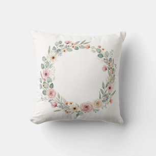 Almofada Coroa Floral em Aquarela Rosa Empoeirado e Eucalip