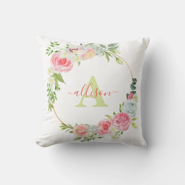 Almofada Coroa floral rosa personalizada (Frente)