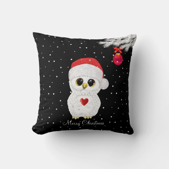 Almofada Coruja de Natal Branca em Preto (Frente)