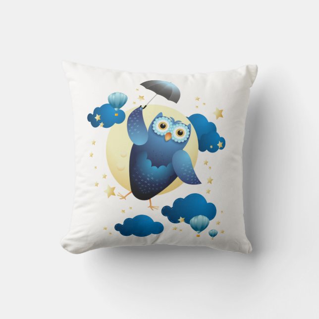 Almofada Coruja-Fita-Fita Voando com Guarda-chuvas (Frente)