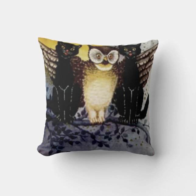 Almofada Coruja Gato Preto Árvore Lua Cheia Noite (Frente)