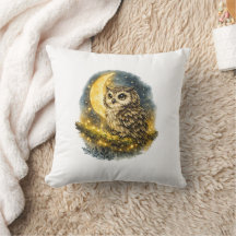 Coruja Mística em Aquarela e Lua Crescente Dourada