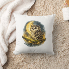 Almofada Coruja Mística em Aquarela e Lua Crescente Dourada