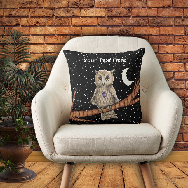Almofada Coruja Ouro Olhos Cristais Colar Lua Estrelas Negr (Brown owl golden eyes purple crystal necklace on branch moon stars on black decorative pillow.)