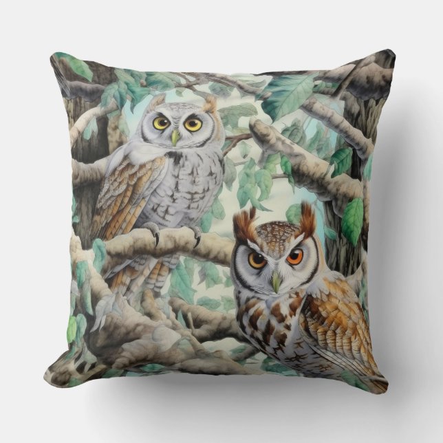 Almofada Corujas de Aquarela em Árvores (Frente)