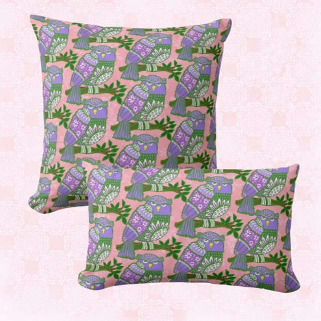 Almofada Corujas de Arte Folclórica Rosa Crianças Roxas (Criador carregado)