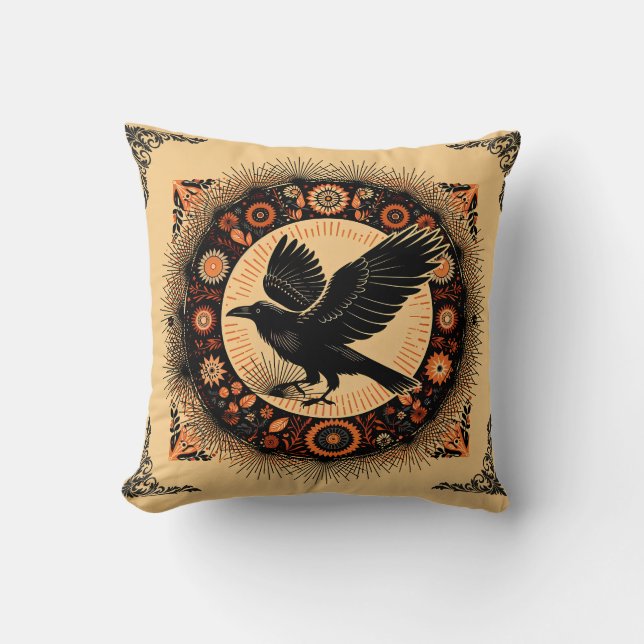 Almofada Corvo Academia Escura Mandala Círculo Boho Gótico (Frente)