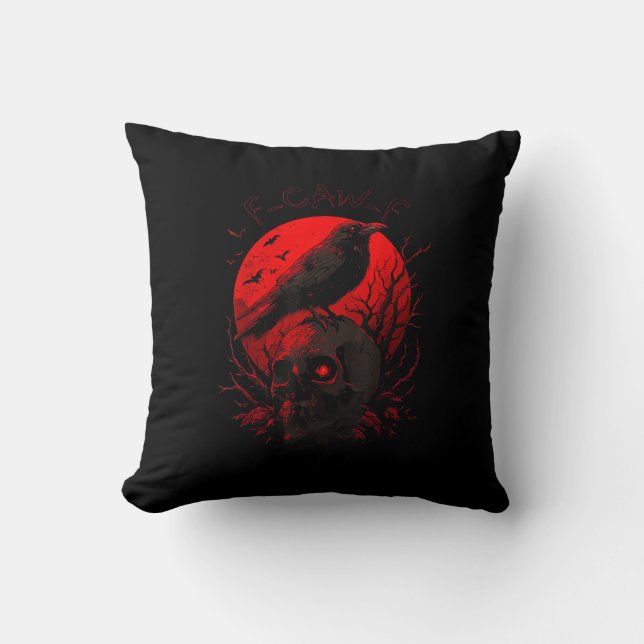 Almofada Corvo F-Caw-F Engraçado Pássaro Lua Vermelha Gótic (Frente)