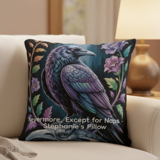 Almofada Corvo Gótico Preto com Humor Floral (Personalized funny black gothic raven pillow
)