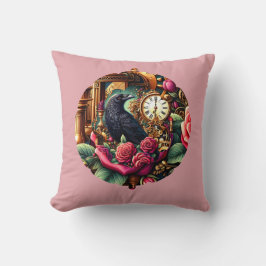 Almofada Corvo Vitoriano com Flores Vintage e Relógio