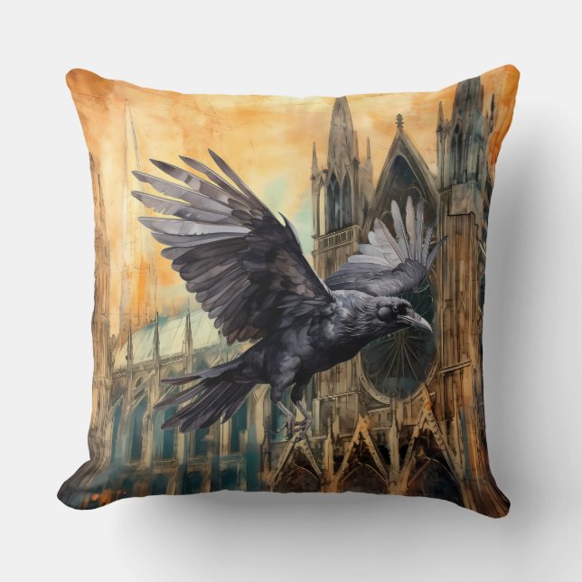 Almofada Corvo Voador e Catedral Gótica Medieval (Frente)