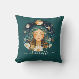 Almofada Cosmic Girl Boho Moon & Daisy Illustration Custom