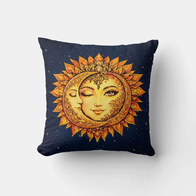 Almofada Cosmic Sun Moon Boho Goddess Celestial Mandala Art (Frente)