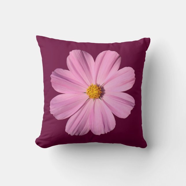 Almofada Cosmos Rosa - Sobre Vermelho Vinho (Frente)