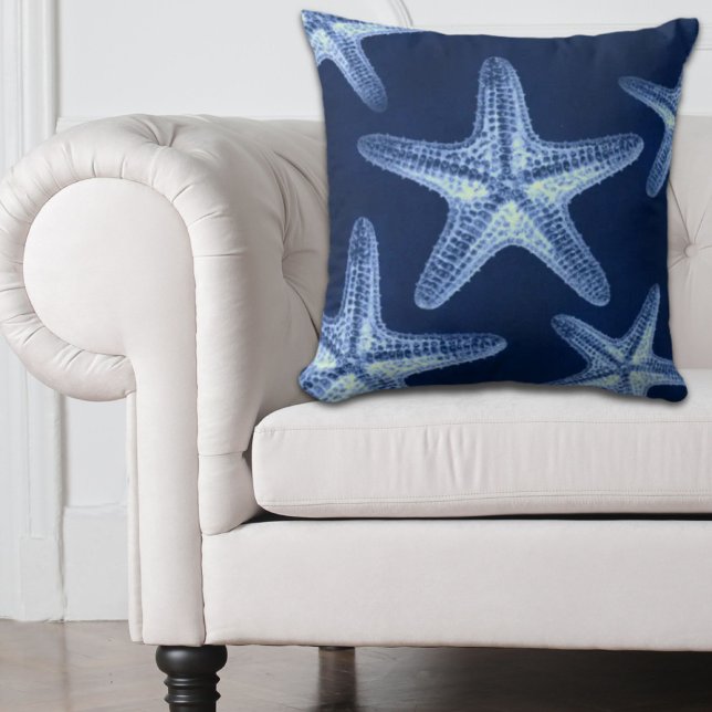 Almofada costa chic Beach — peixe-estrela azul-marinho (coastal chic beach rustic nautical blue starfish throw pillow)