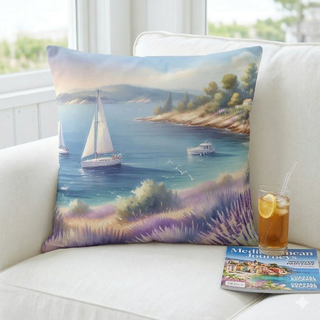 Almofada Costa Lavanda do Mediterrâneo com embarcações de n (Mediterranean Lavender Coast with Sailboats Throw Pillow Mockup A)