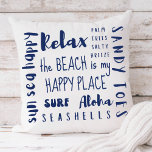 Almofada Costeira de Tipografia de Praia Tropical<br><div class="desc">Adicione um pouco de estilo costeiro com este grande travesseiro decorativo de algodão que apresenta a tipografia do tema praia em azul marinho náutico. As legendas incluem "A praia é o meu lugar feliz",  "palmeiras salgadas",  "dedos arenosos",  "sol,  mar,  feliz",  "surf",  "aloha",  "relaxe" e "aloha".</div>
