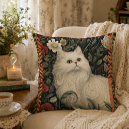 Almofada Cottagecore Gato Branco Estilo William Morris