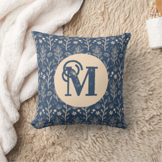 Almofada Cottagecore Monograma Jardim Floral Azul-Marinho