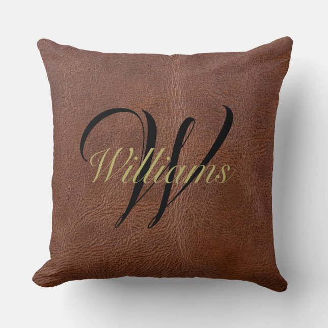 Almofada Couro Castanho Russo, Travesseiro decorativo Monog (Frente)