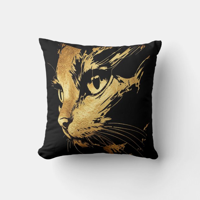 Almofada Coussin Élégant Chat Noir et Feuille d'Or Texturée (Frente)