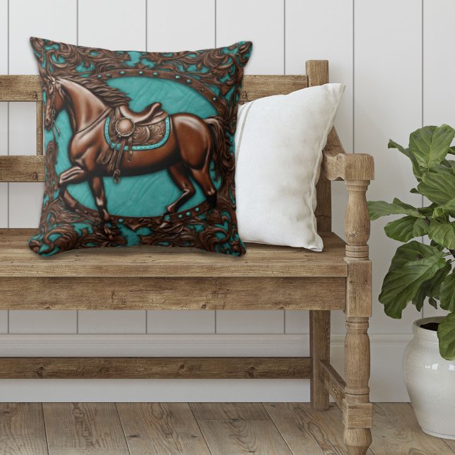 Almofada Cowboy Oeste País Equestre Cavalo Marrom Equestre (western country brown horse teal throw pillow)