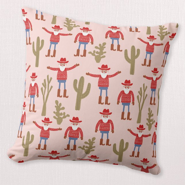 Almofada Cowboy Santa Claus Western Christmas Pink (Fun Cowboy Santa Claus pattern Western Christmas Holiday throw pillow)