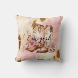 Almofada Cowgirl Pink Cream Brown Cowhide Floral Boots