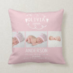 Almofada Coxim cor-de-rosa empoeirado do anúncio do<br><div class="desc">Este coxim do anúncio do nascimento caracteriza a mão branca um motivo tirado do redemoinho e dos corações em um fundo cor-de-rosa empoeirado. Há uma sala para três fotografias de sua menina. Os cartões e os cartões de fotos similares do anúncio do nascimento do design estão disponíveis na loja. Se...</div>