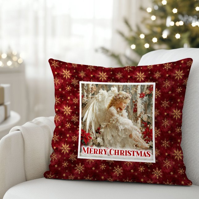 Almofada Cozy Angel Poinsettia Red Gold Custom Name Christm (Cozy Angel Poinsettia Red Gold Custom Name Christmas Pillow

)