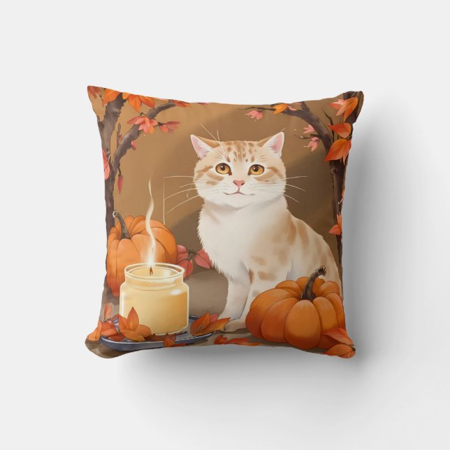 Almofada Cozy Autumn Cat & Pumpkin Spice Neutral Colors (Frente)