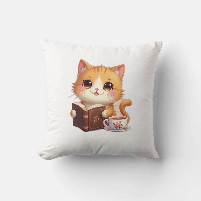 Almofada Cozy Bookish Cat Throw Pillow – Cute Tea & Reading (Frente)