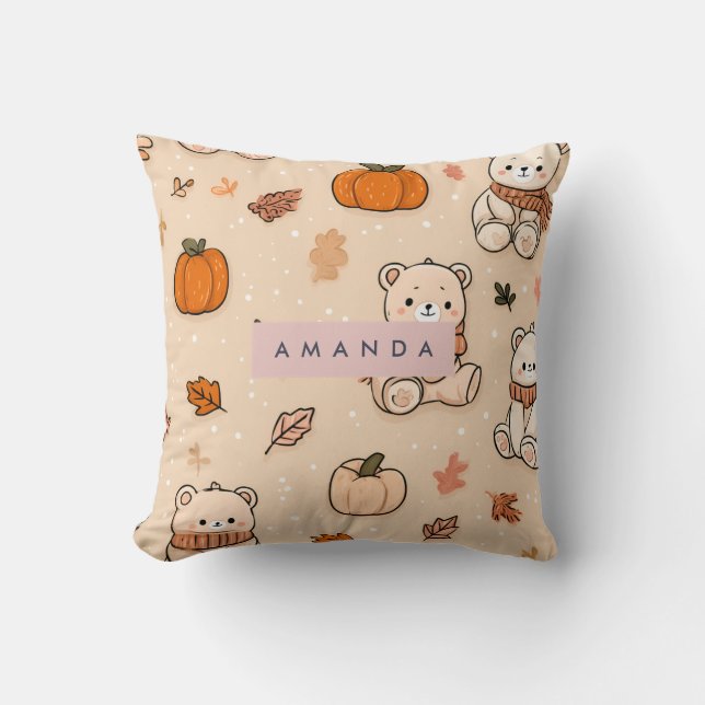 Almofada Cozy Fall Autumn Pumpkin & Teddy Bear (Frente)