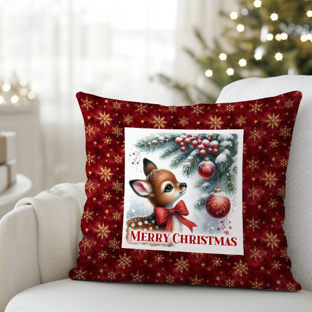 Almofada Cozy festive winter scene baby fawn snowy Christma (Cozy festive winter scene baby fawn snowy Christmas pillow)