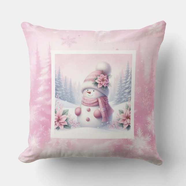 Almofada Cozy Pink Snowman Pinkmas Winter Scene Kids Pillow (Frente)