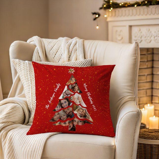 Almofada Cozy Red Double Sided Christmas Tree Photo Collage (Unique customizable 9 Photo Christmas tree collage and text, double sided rich red with gold stars)