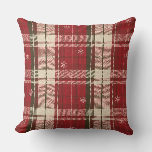 Almofada Cozy Red Plaid Snowflake Christmas Throw Pillow (Frente)